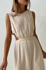 Pleated Tank Dress with Single-breasted Closure and Bare Waist InsStreet