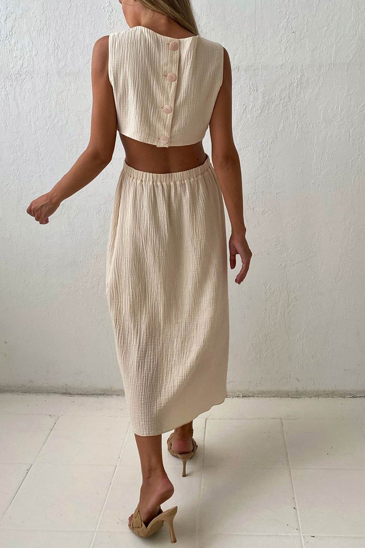 Pleated Tank Dress with Single-breasted Closure and Bare Waist InsStreet