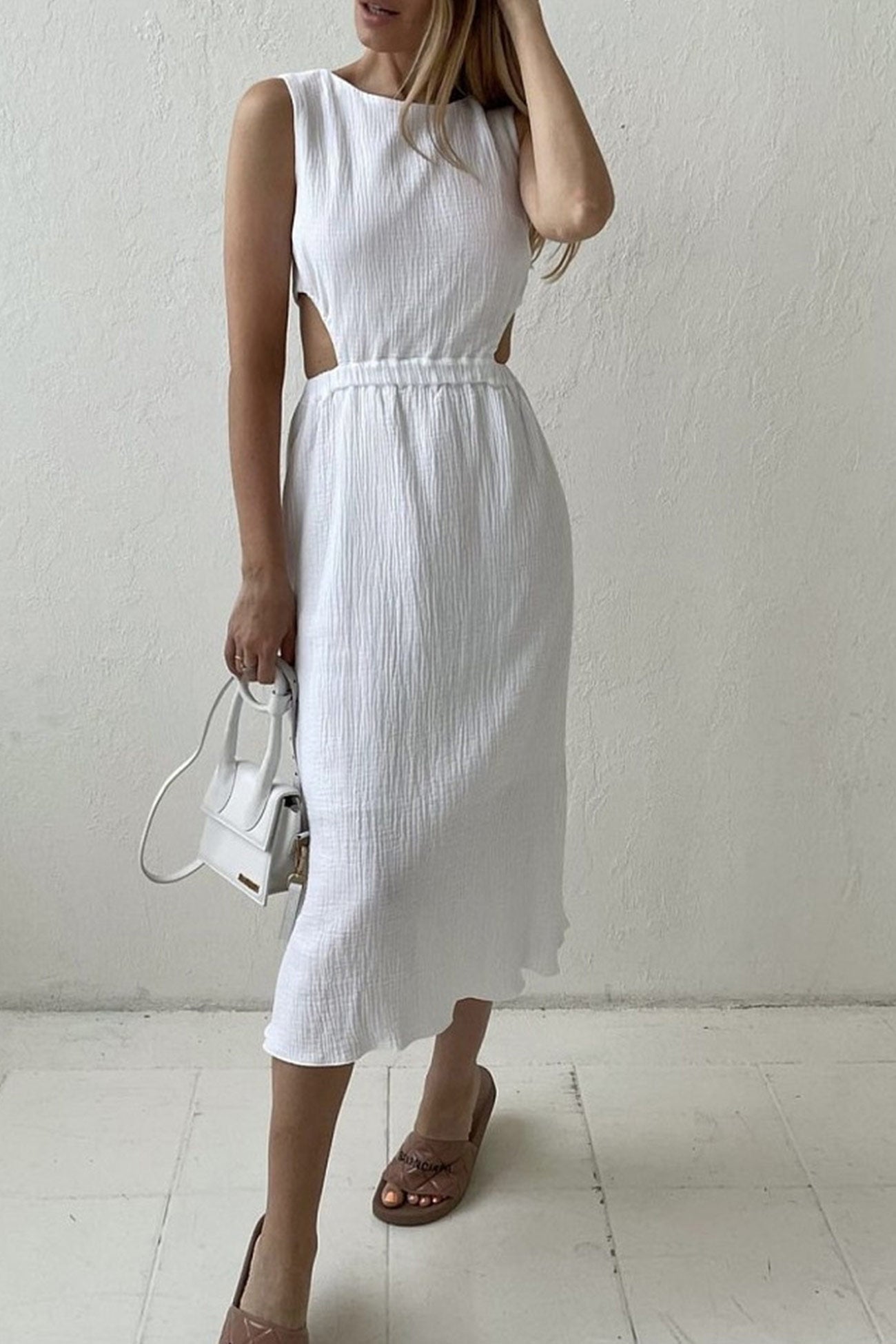 Pleated Tank Dress with Single-breasted Closure and Bare Waist InsStreet