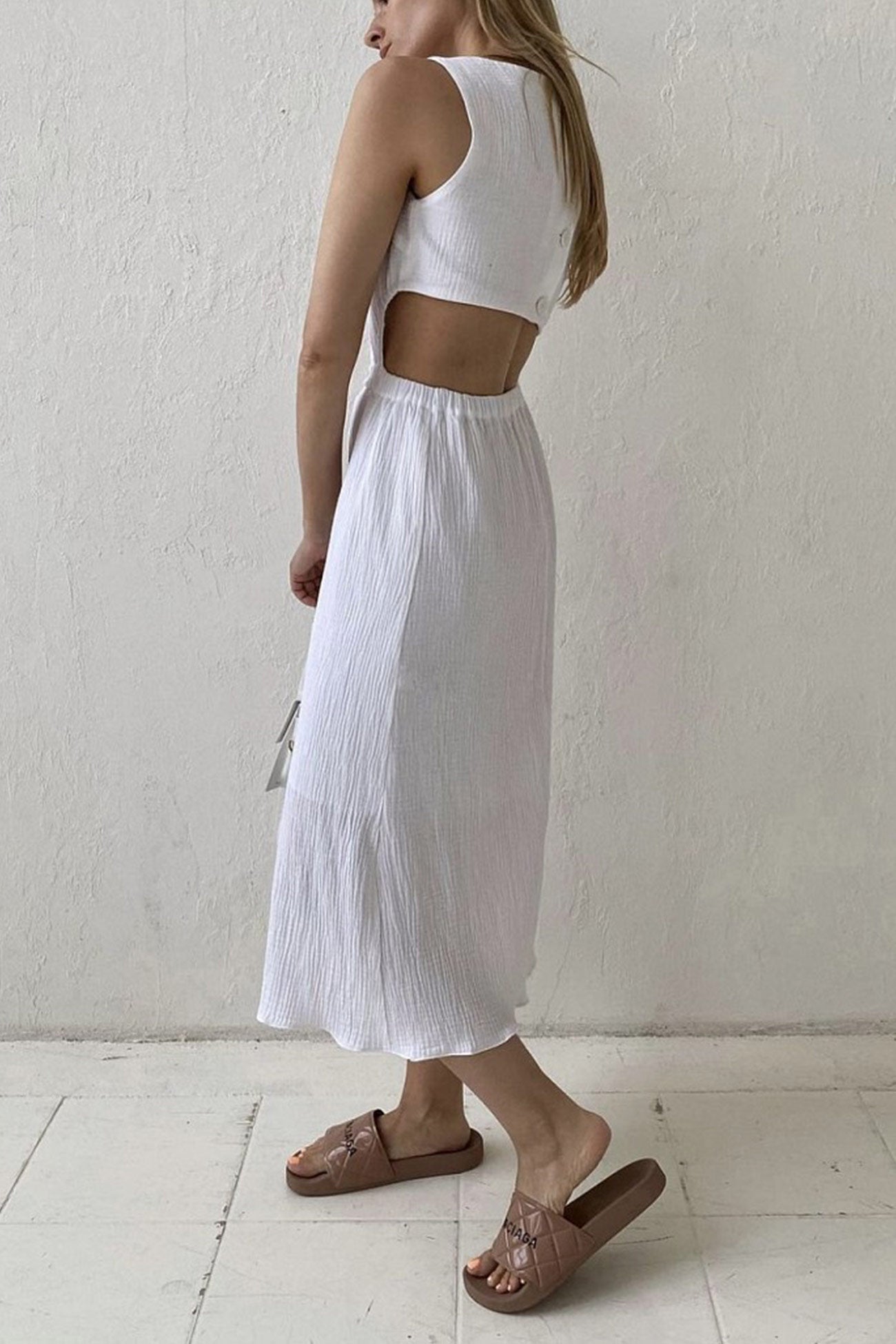 Pleated Tank Dress with Single-breasted Closure and Bare Waist InsStreet
