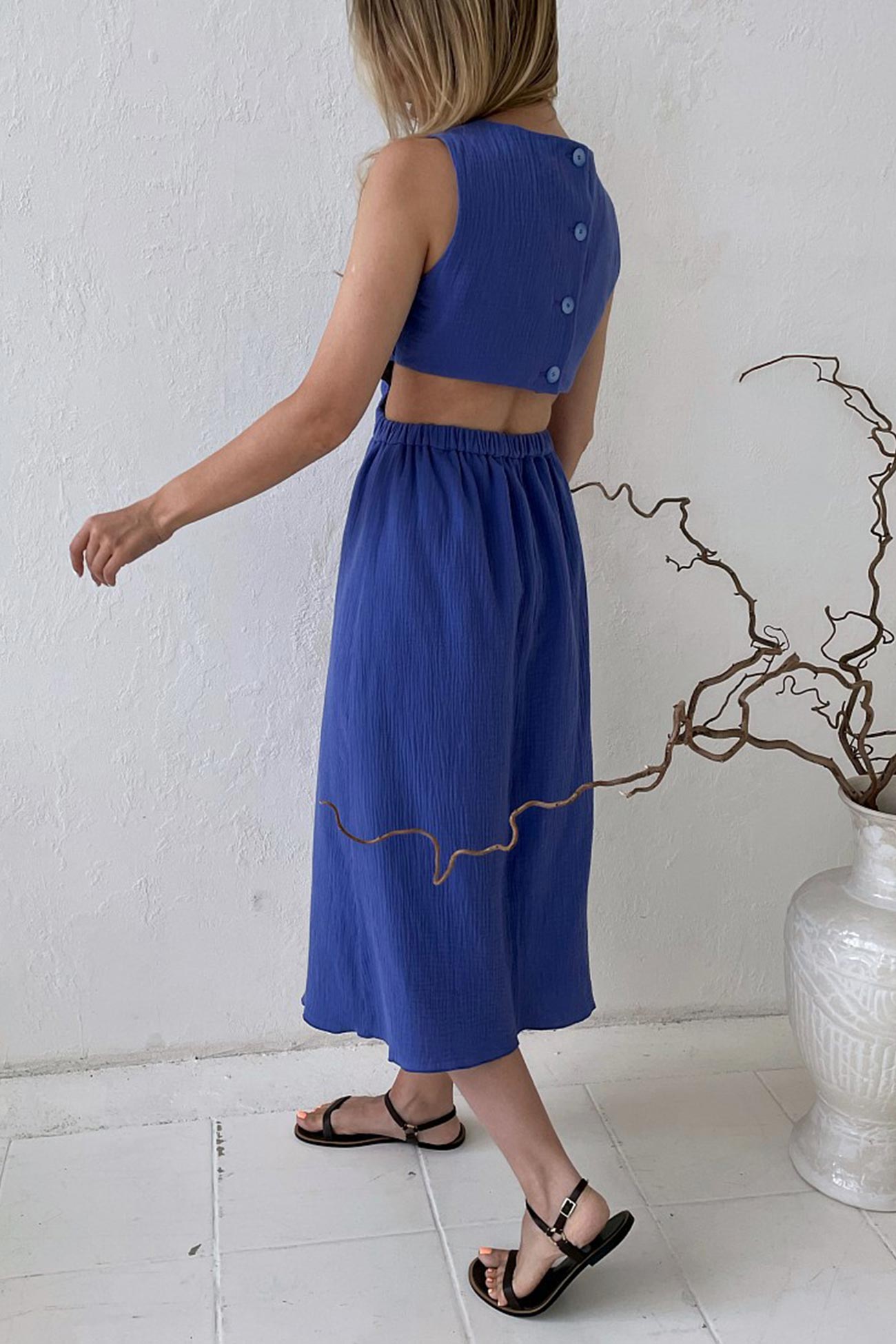 Pleated Tank Dress with Single-breasted Closure and Bare Waist InsStreet