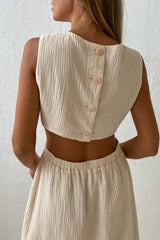 Pleated Tank Dress with Single-breasted Closure and Bare Waist InsStreet