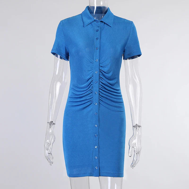 Single-breasted Blue Short-sleeved Splicing Lapel Short Casual Bodycon Dress InsStreet