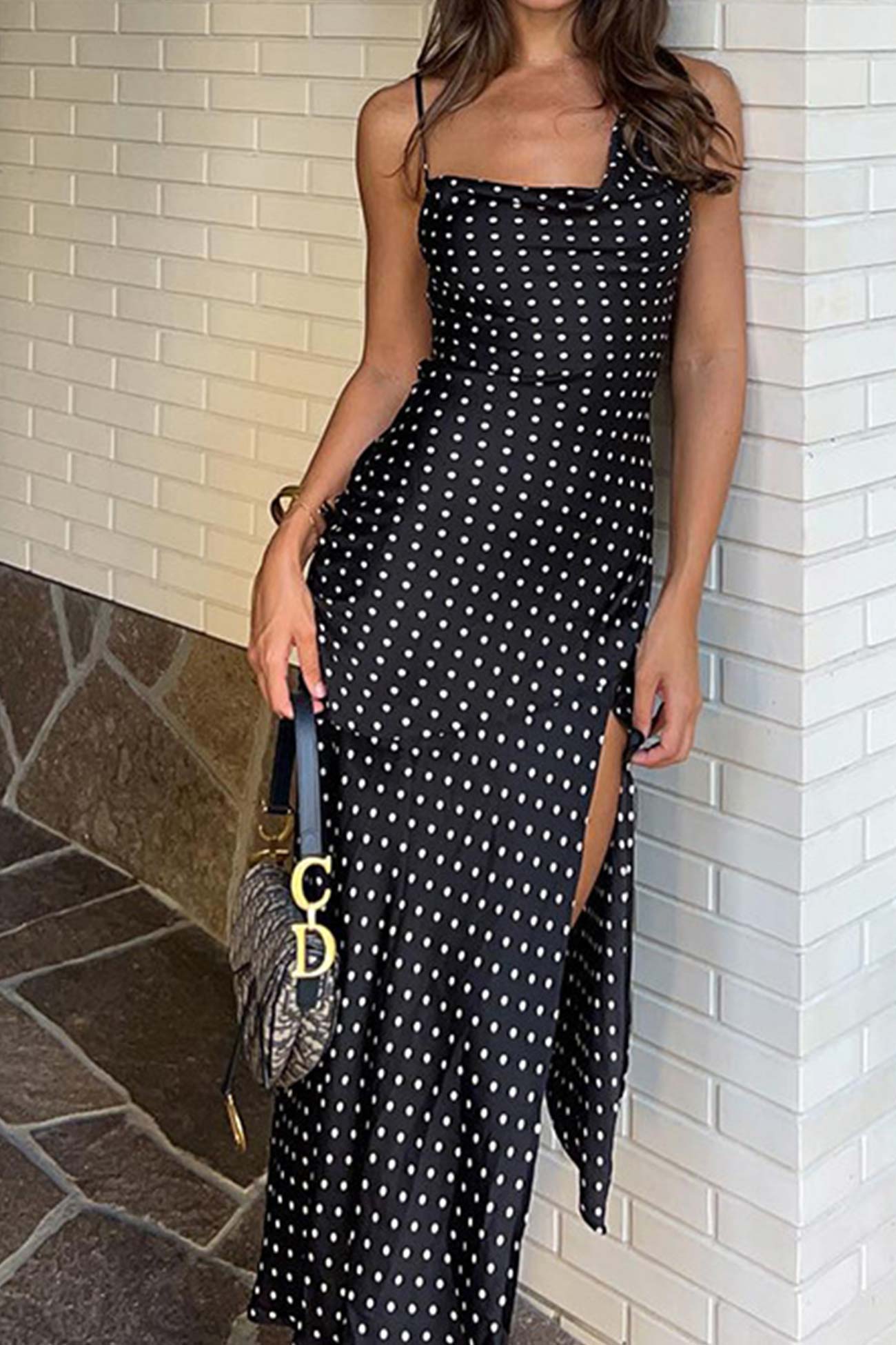 Cowl Neck Slit Dress with Polka Dots InsStreet