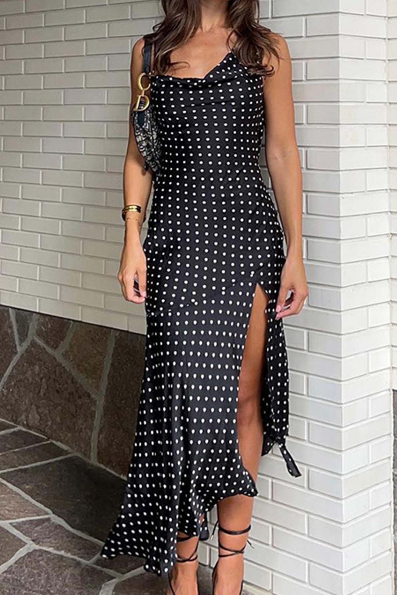 Cowl Neck Slit Dress with Polka Dots InsStreet