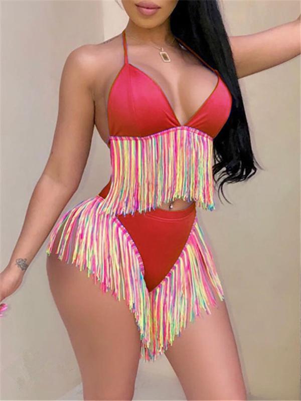 Multicolor Fringe Halter Bikini Ins Street