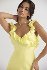 Yellow Silk Satin Ruffle Mini Dress Ins Street