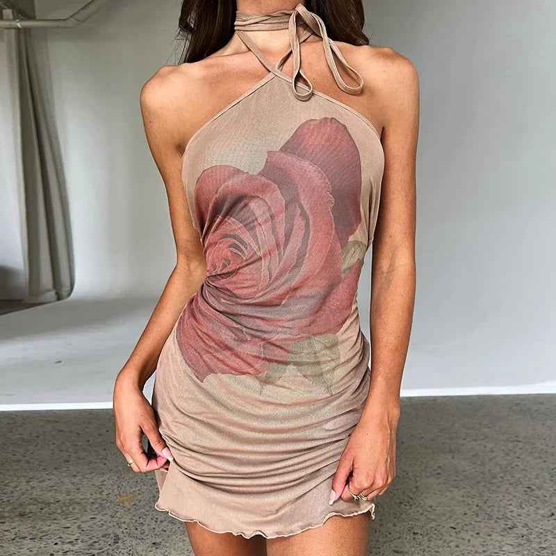 Rose Print Halter Neck Shoulder Short Clubwear Mini Dress InsStreet