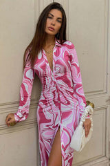 Red Button-Front Printed Shirt Dress InsStreet