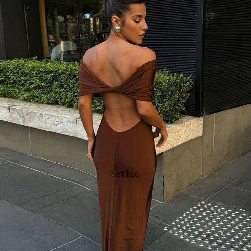 Ruched Off Shoulder Back Split Sexy Backless Maxi Dress InsStreet