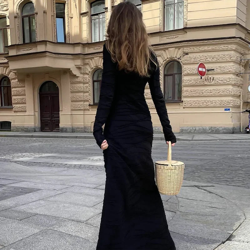 Ruffles Frill Round Neck Long Sleeve Maxi Dress InsStreet