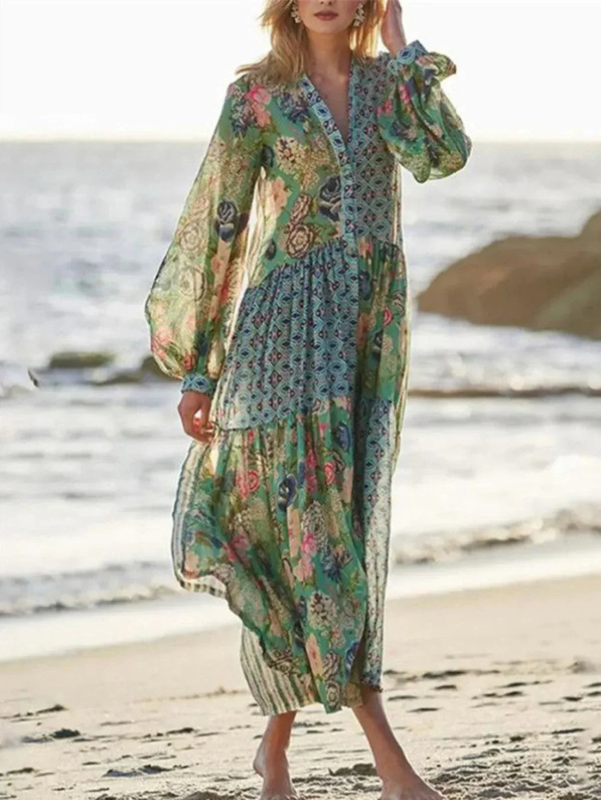 Elegant Floral Print Lantern Long Sleeve Chiffon Boho Dress InsStreet