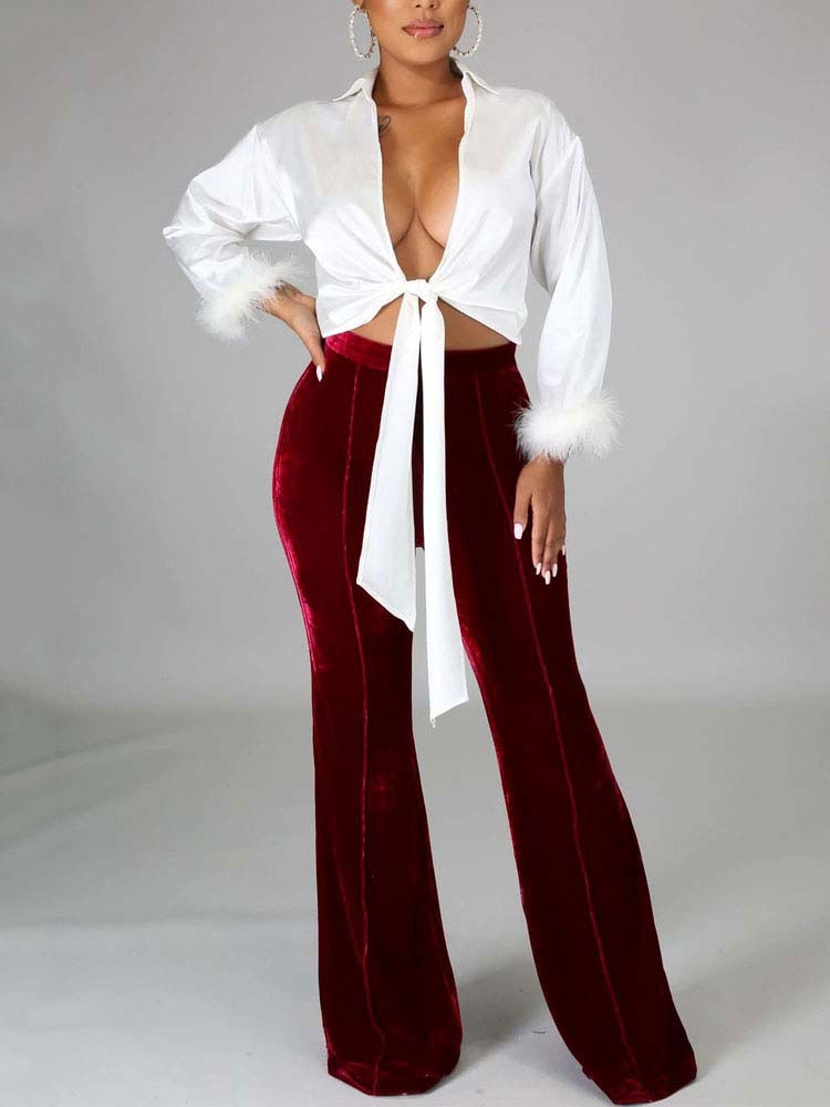 Velvet Velour Flared Bell Bottoms High Waist Pants InsStreet