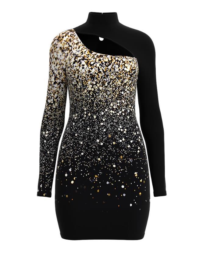 Glitter Contrast Lace Cutout Long Sleeve Bodycon Mini Dress InsStreet