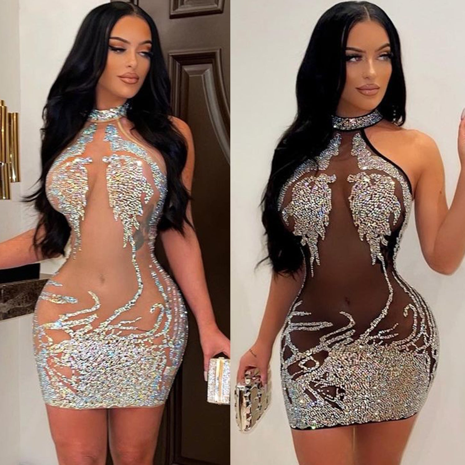 Sexy Mesh Rhinestone Short Prom Evening Mini Dress InsStreet