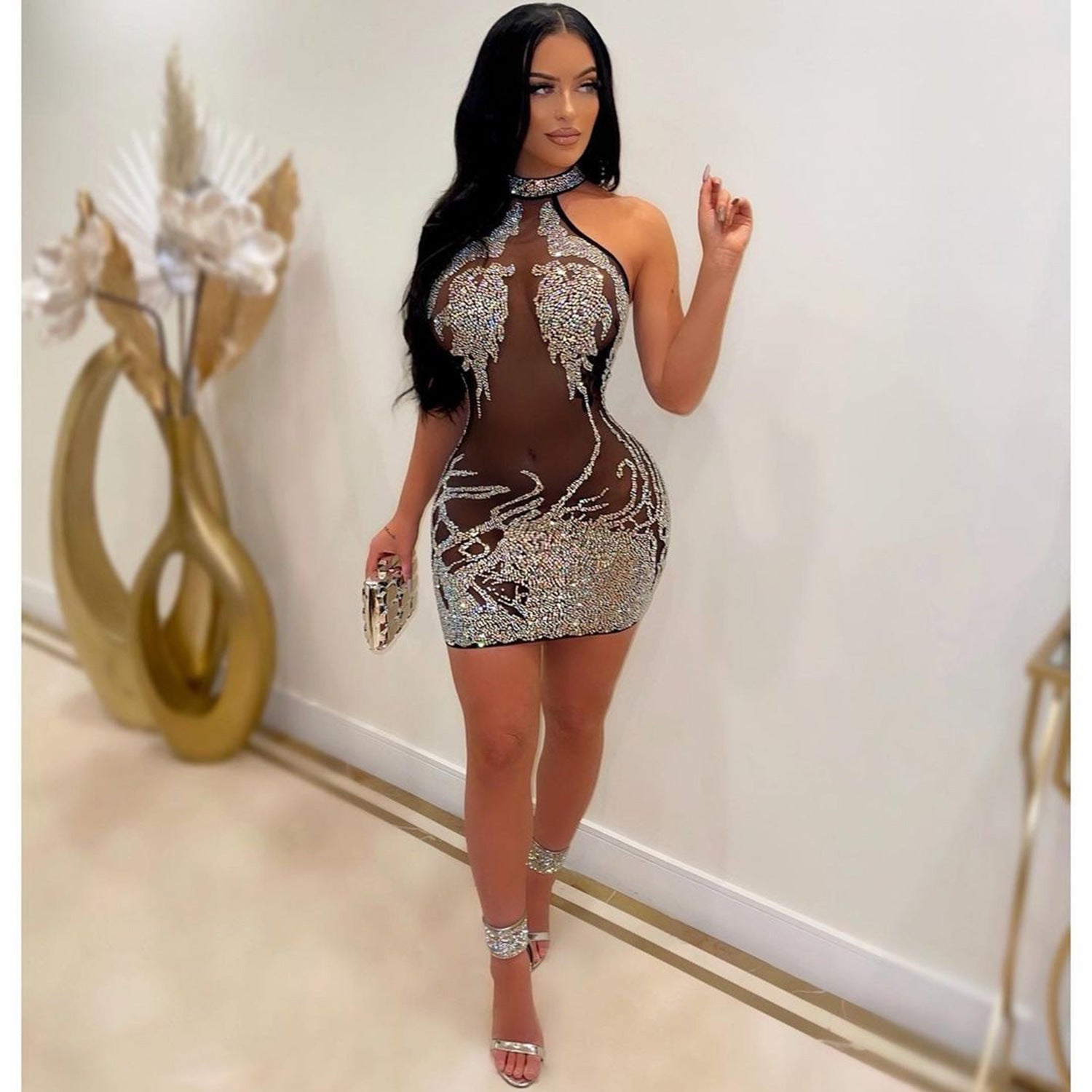 Sexy Mesh Rhinestone Short Prom Evening Mini Dress InsStreet