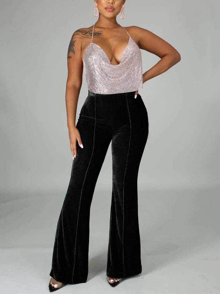 Velvet Velour Flared Bell Bottoms High Waist Pants InsStreet