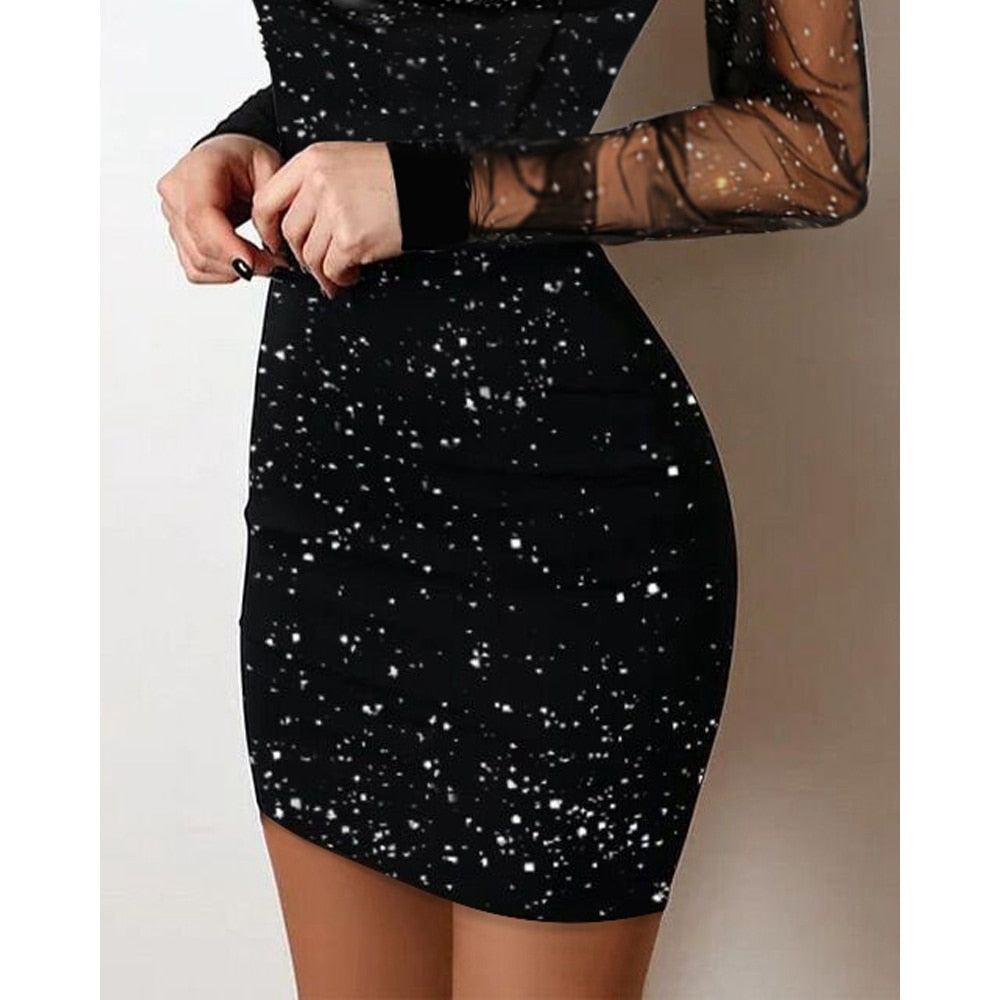 Sequin Sheer Mesh Glitter Long Sleeve Party Dress InsStreet