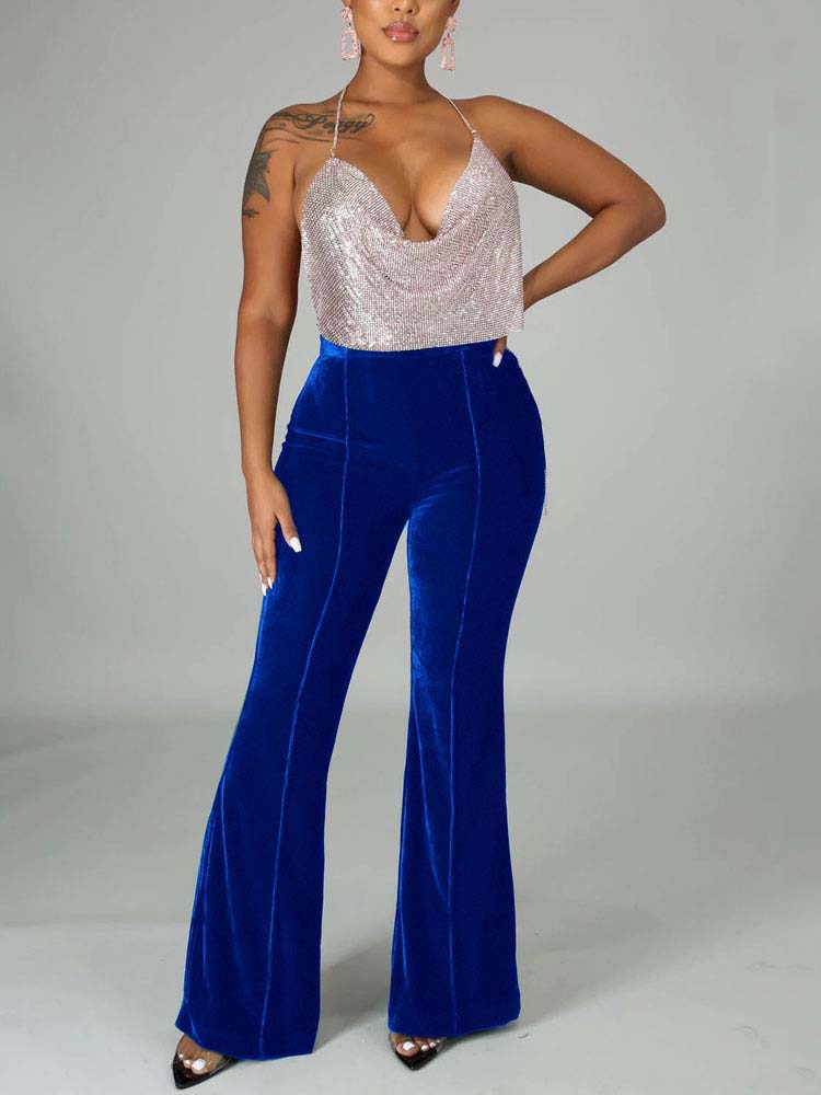 Velvet Velour Flared Bell Bottoms High Waist Pants InsStreet