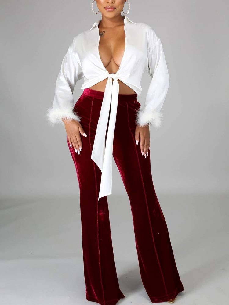 Velvet Velour Flared Bell Bottoms High Waist Pants InsStreet