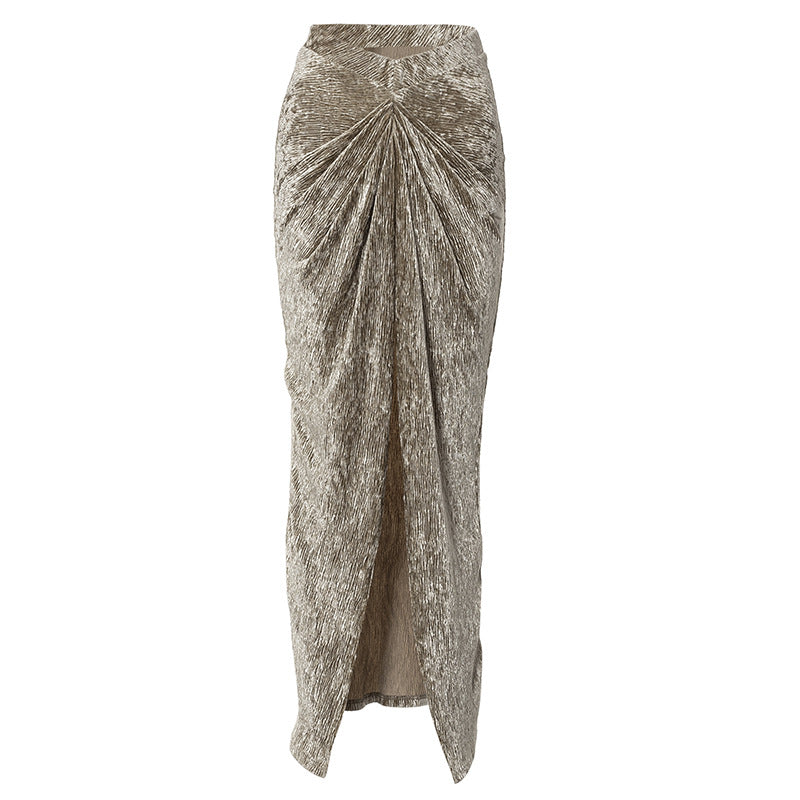 Pleated Velvet High Waist Twist High Split Party Skirt InsStreet