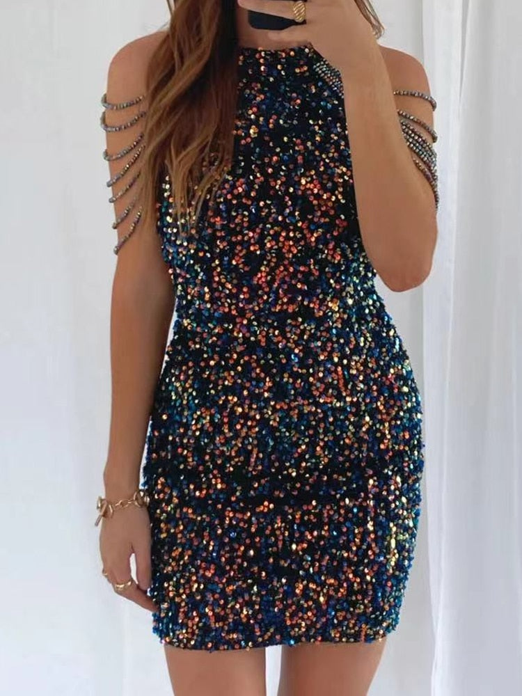 Sleeveless Off Shoulder Skinny High Waist Halter Chain Sequin Dress InsStreet