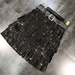 Rhinestones Tassel  High Waist Belt Skirt InsStreet