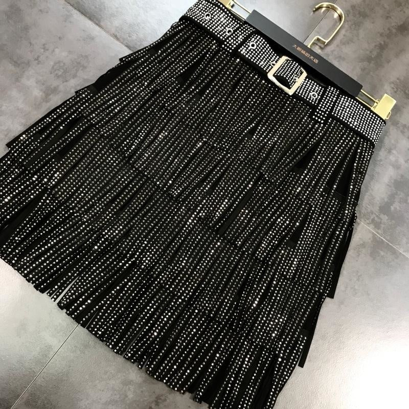 Rhinestones Tassel  High Waist Belt Skirt InsStreet