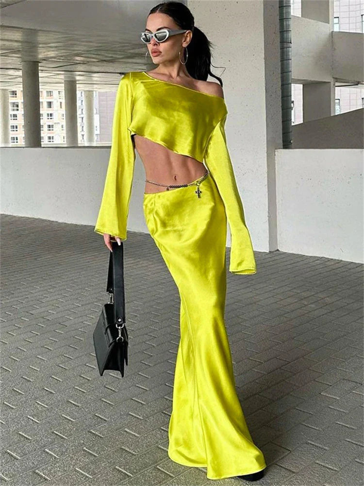 Satin Off Shoulder Long Sleeve Crop Top Maxi Dress InsStreet