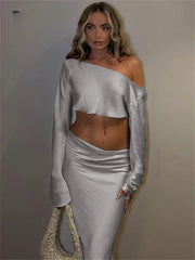 Satin Off Shoulder Long Sleeve Crop Top Maxi Dress InsStreet