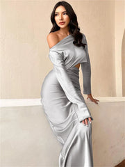 Satin Off Shoulder Long Sleeve Crop Top Maxi Dress InsStreet