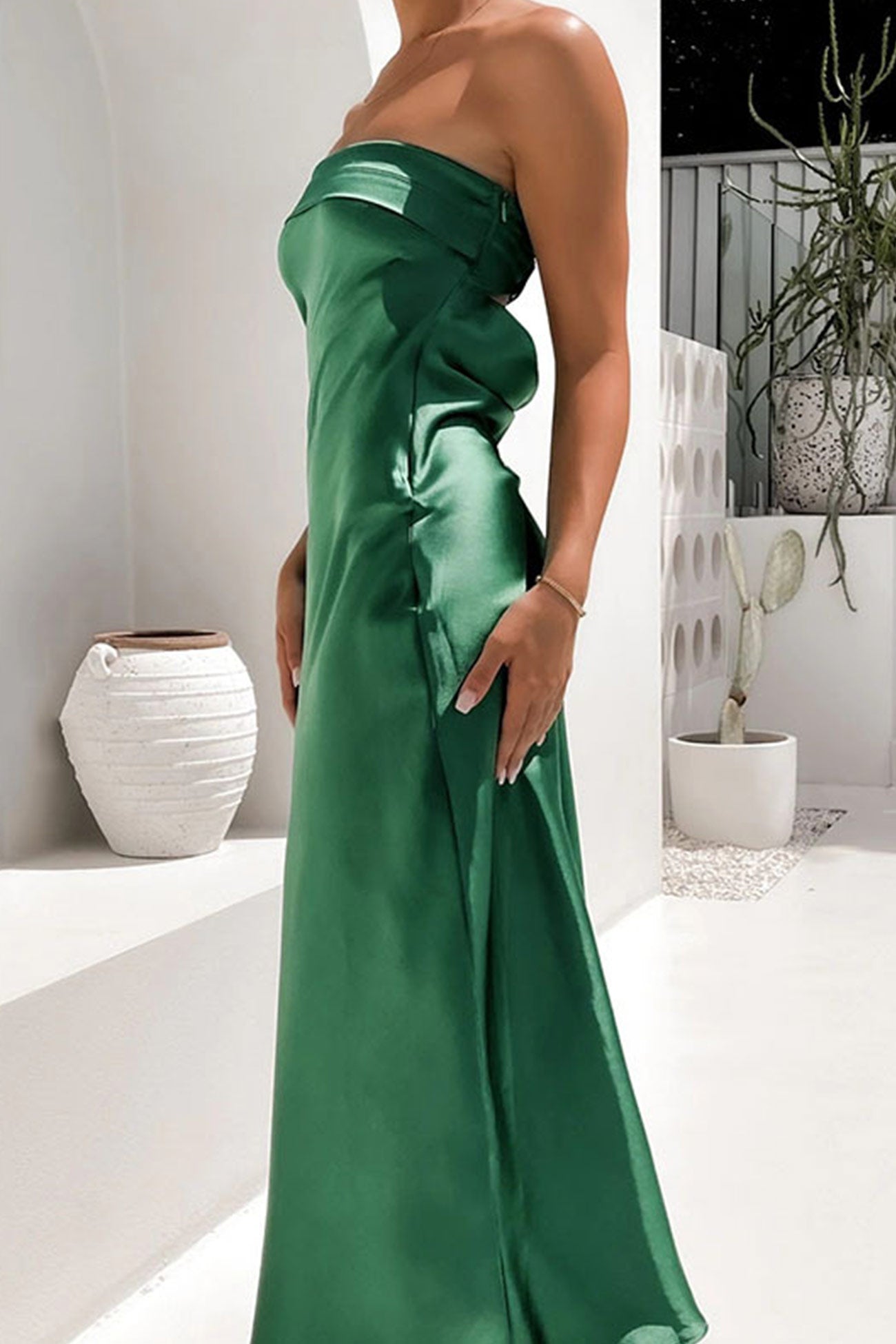 Solid Color Satin Strapless Midi Dress InsStreet