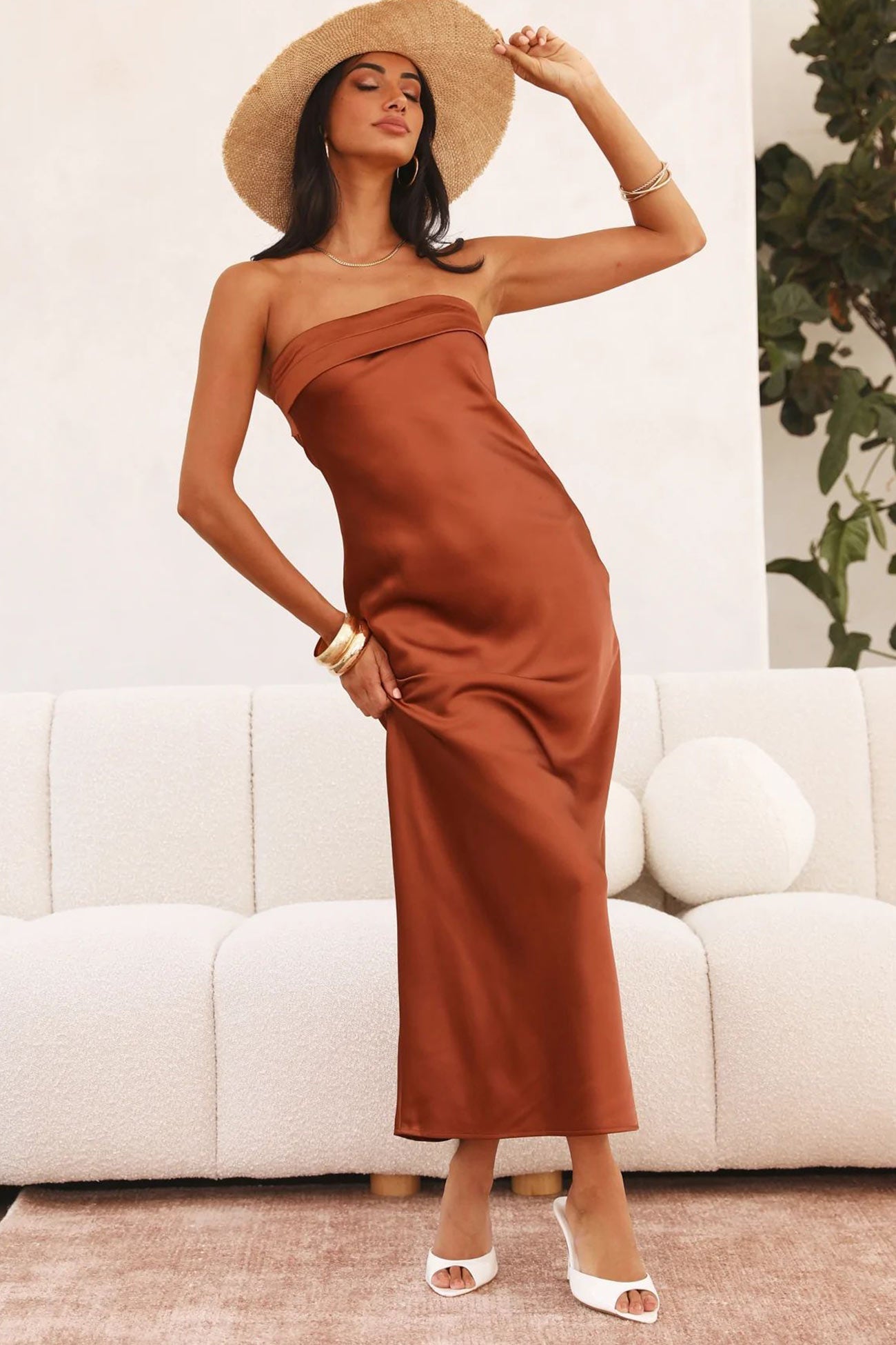 Solid Color Satin Strapless Midi Dress InsStreet