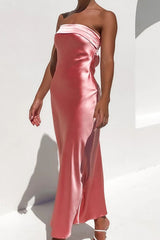 Solid Color Satin Strapless Midi Dress InsStreet