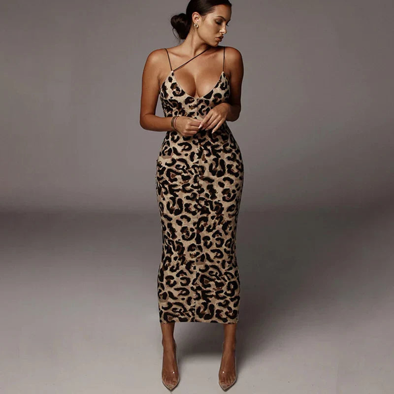 New Sexy Spaghetti Strap Leopard Print Sleeveless V-neck Maxi Evening Party Bodycon Dress InsStreet