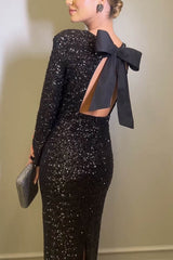 Sequin Bow Backless Dress with Slit InsStreet