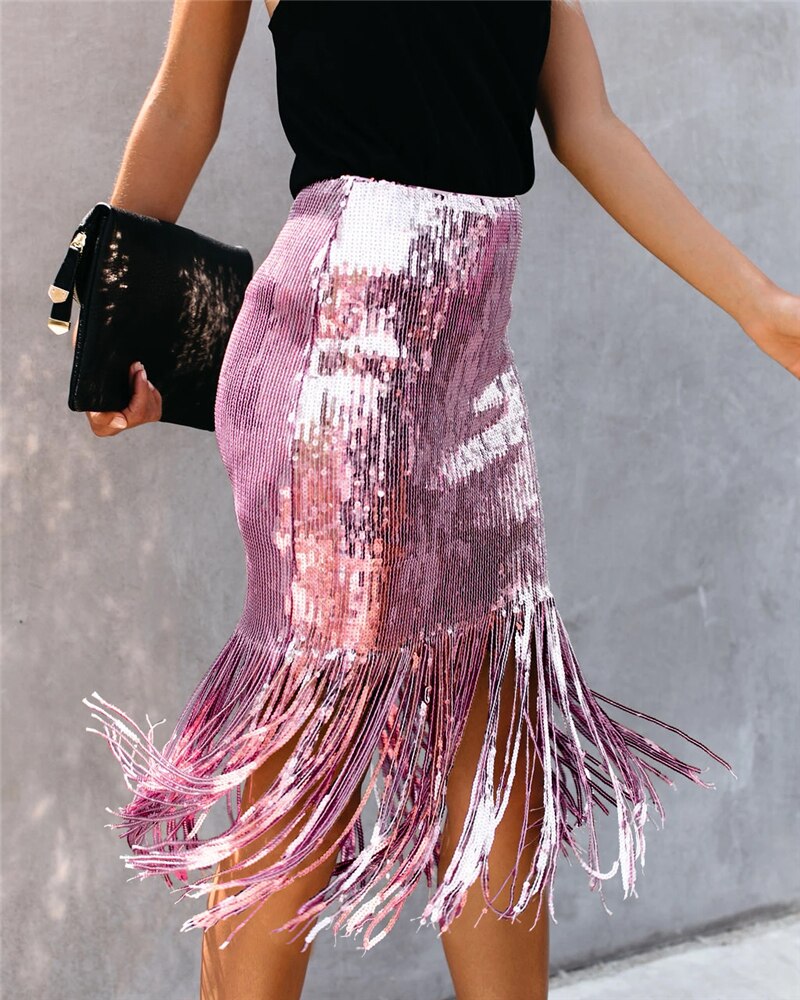 2024 Sequin Tassel Tight Midi Skirt InsStreet