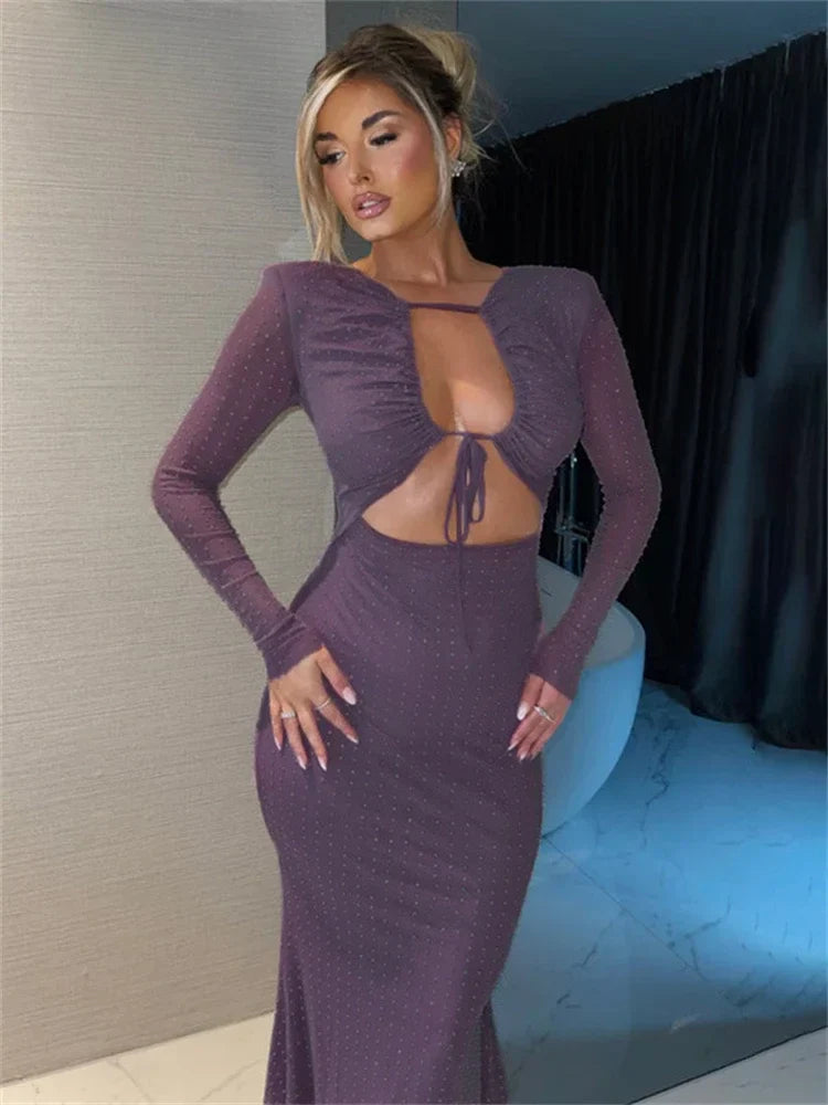 Sequined Hollow Long-sleeved Body-hugging Party-ready Clubwear Sensual Midi Dress InsStreet