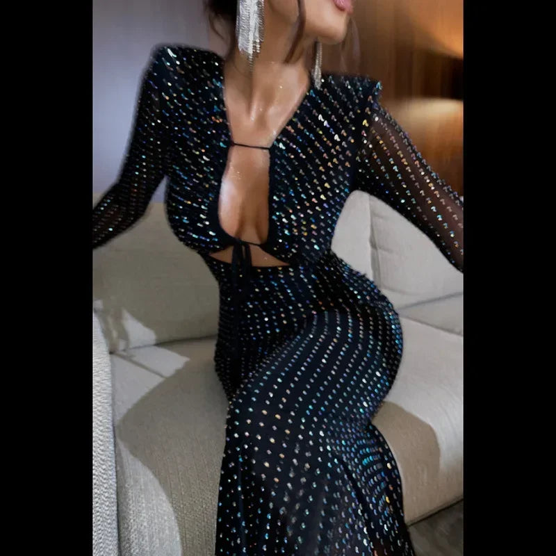 Sequined Hollow Long-sleeved Body-hugging Party-ready Clubwear Sensual Midi Dress InsStreet