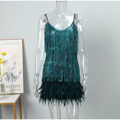 Feather Spaghetti Strap Sexy Stitching Mini Dress InsStreet