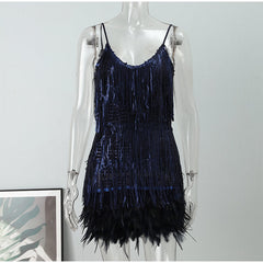 Feather Spaghetti Strap Sexy Stitching Mini Dress InsStreet