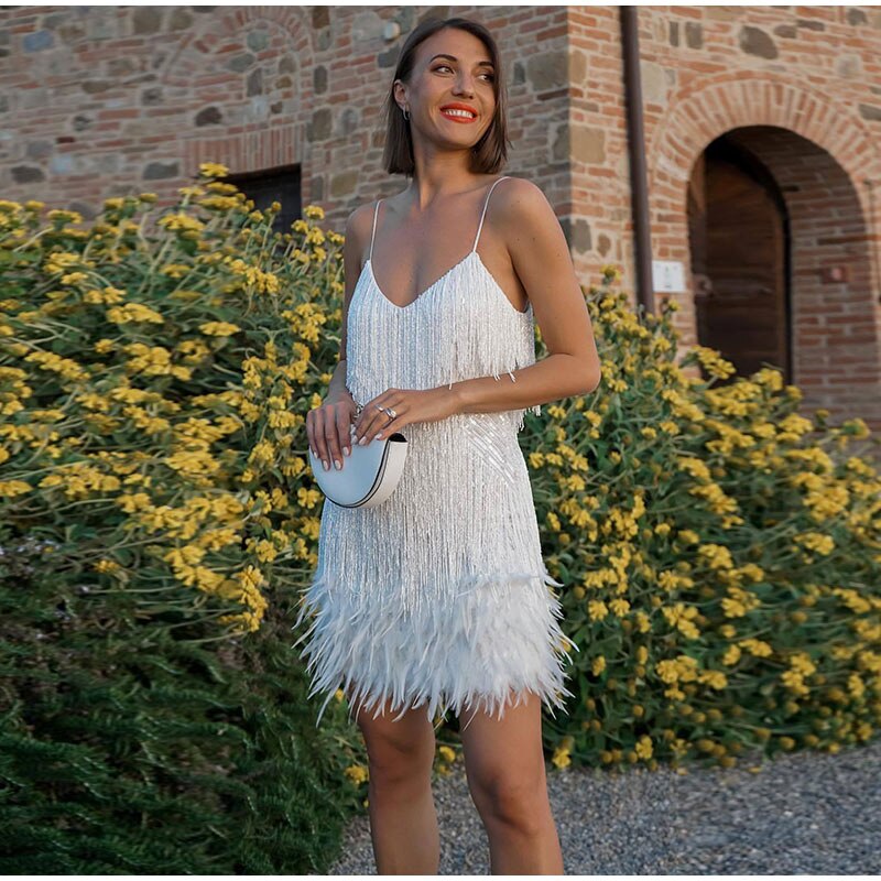 Feather Spaghetti Strap Sexy Stitching Mini Dress InsStreet