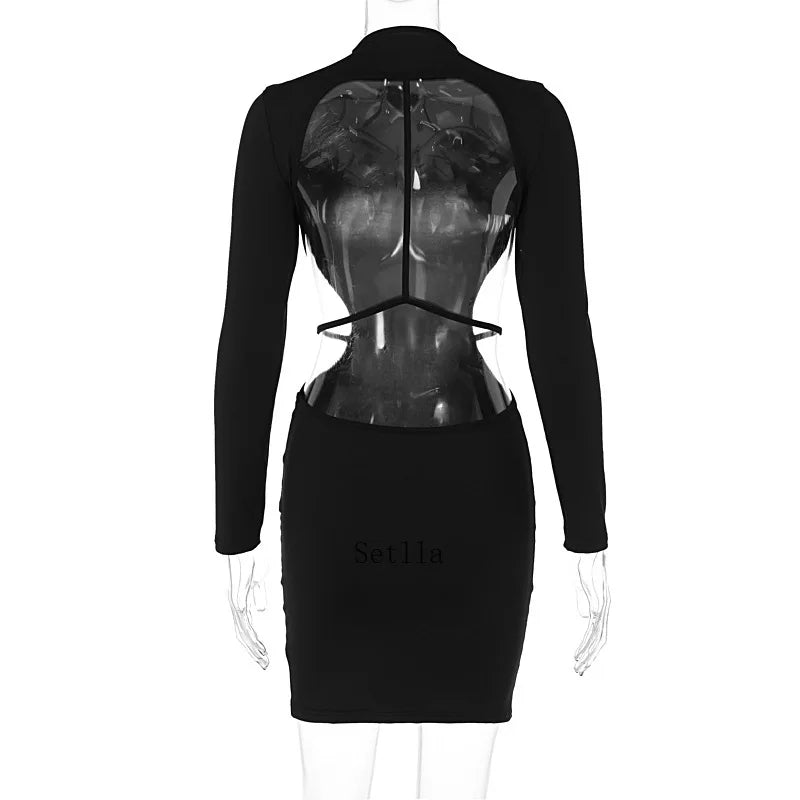 Backless Bandage Long Sleeve Black Mini Dress InsStreet