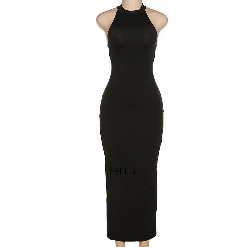 Black Backless Halter Elegant Bandage Maxi Dress InsStreet