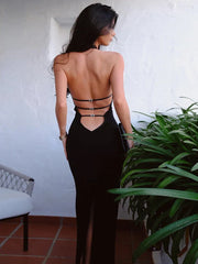 Black Backless Halter Elegant Bandage Maxi Dress InsStreet