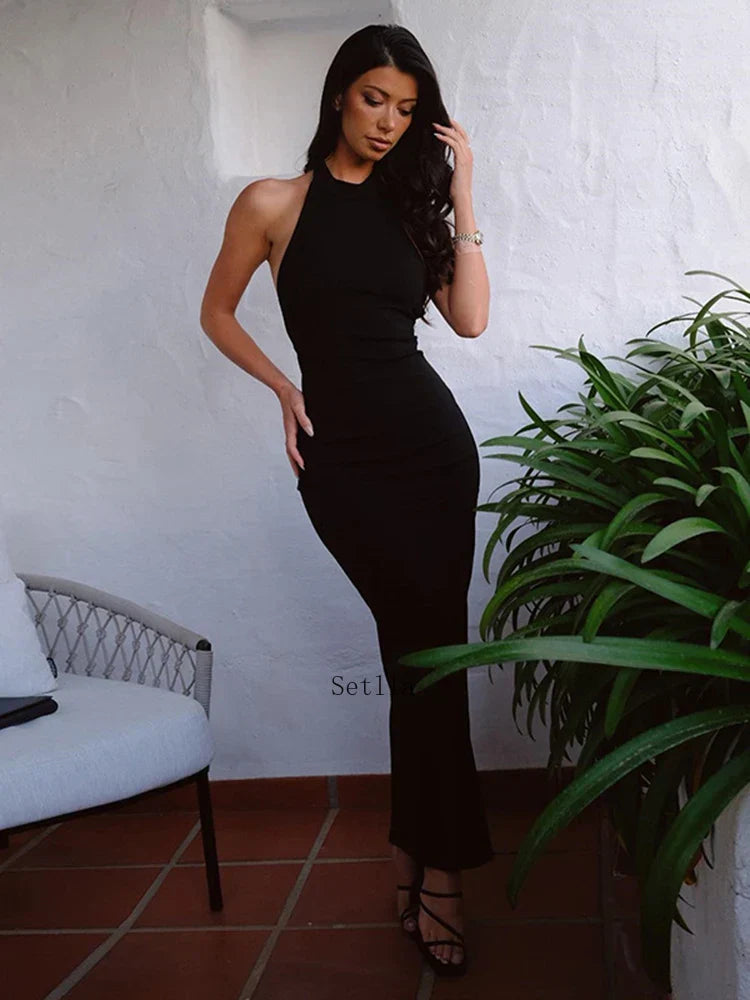 Black Backless Halter Elegant Bandage Maxi Dress InsStreet