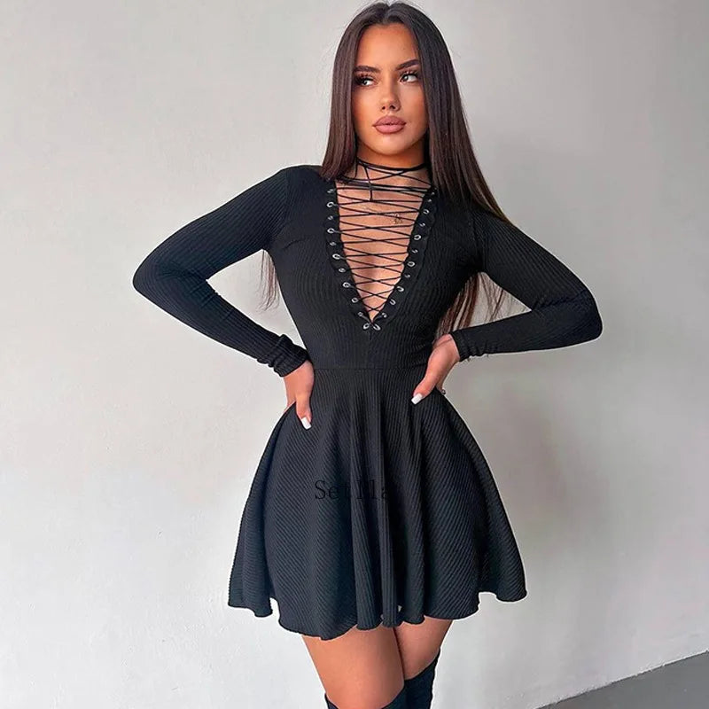 Bandage A-Line Lace Up Long Sleeve Mini Dress InsStreet