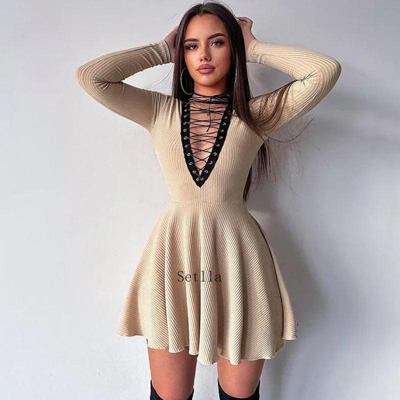 Bandage A-Line Lace Up Long Sleeve Mini Dress InsStreet