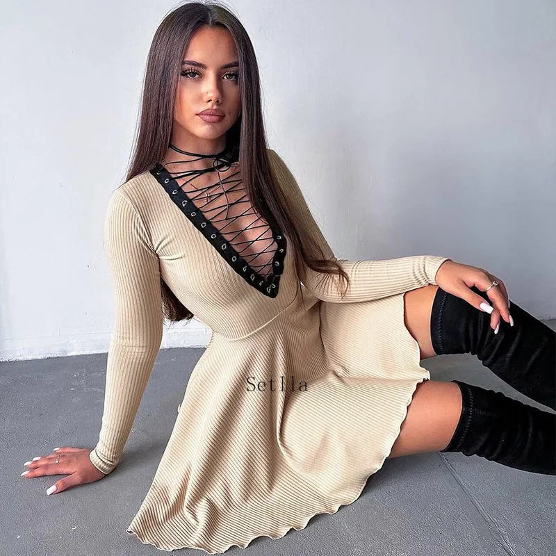 Bandage A-Line Lace Up Long Sleeve Mini Dress InsStreet