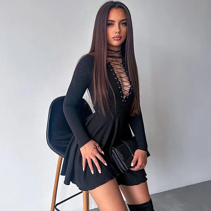 Bandage A-Line Lace Up Long Sleeve Mini Dress InsStreet